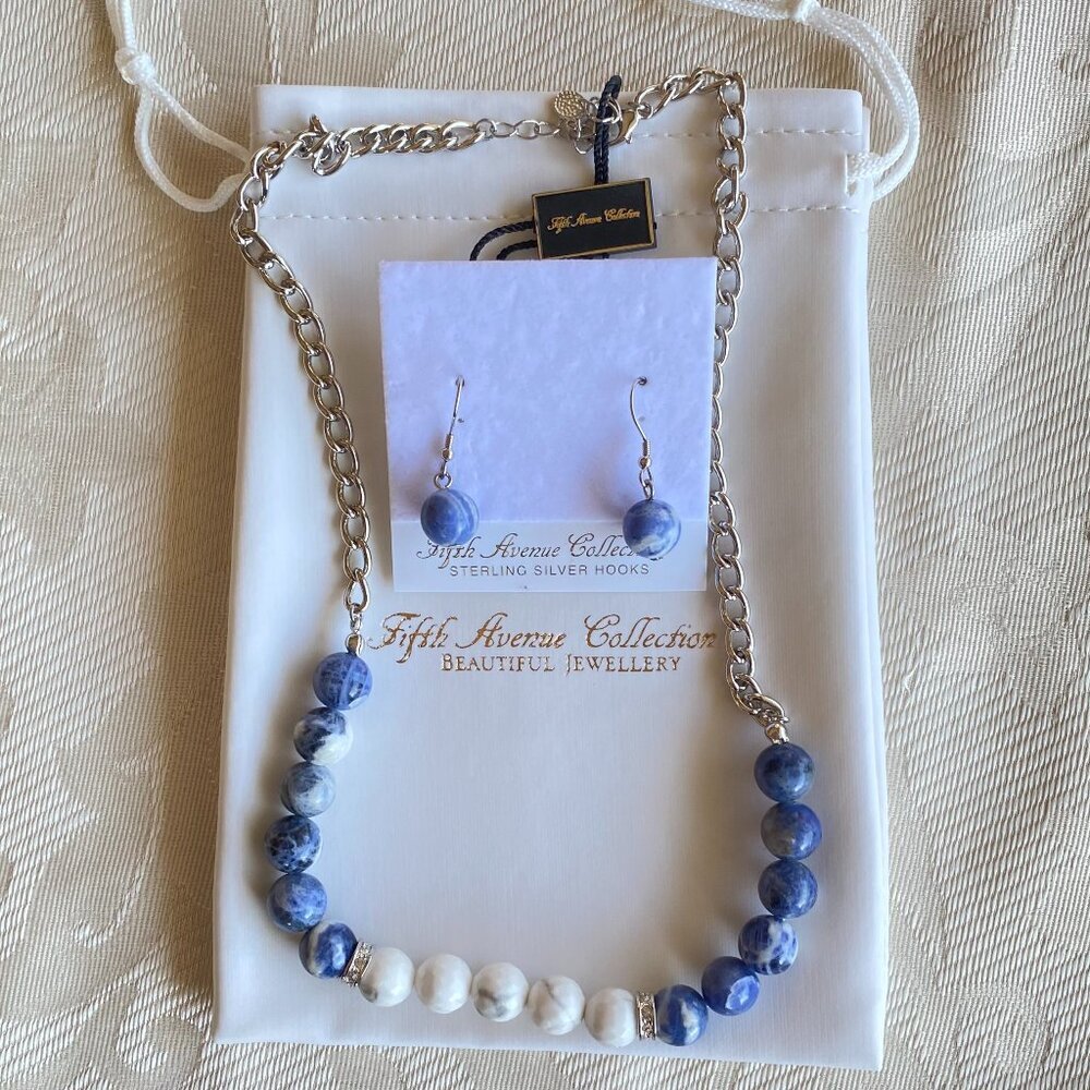 FAC Fifth Avenue Genuine Sodalite Howlite Gemstone Necklace & Earrings​ Set Blue